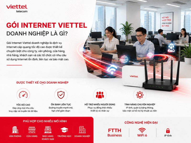 Gói Internet Viettel Cho Doanh Nghiệp & Văn Phòng Nên Chọn Loại Nào? Gói Internet Viettel cho doanh nghiệp sử dụng công nghệ FTTH Business, WiFi 6 và Router doanh nghiệp mang đến kết nối tốc độ cao, ổn định cho văn phòng và công ty