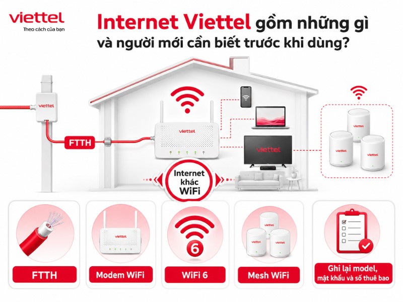 Hướng Dẫn Sử Dụng Internet Viettel Từ A-Z Cho Người Mới giới thiệu các thành phần Internet Viettel gồm cáp quang FTTH, modem WiFi, WiFi 6, Mesh WiFi và thông tin người mới cần ghi nhớ.