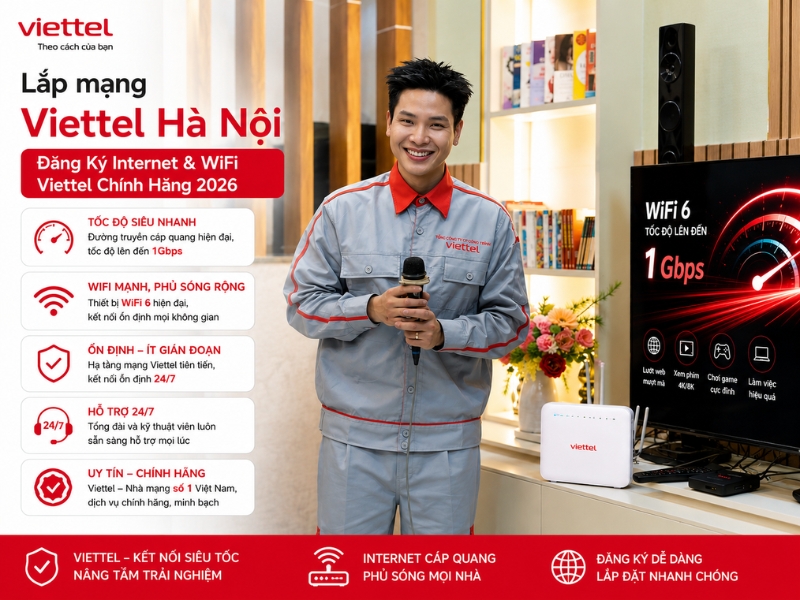 Lắp Mạng Viettel Hà Nội - Đăng Ký Internet & WiFi Viettel Chính Hãng 2026 Lắp mạng Viettel Hà Nội chính hãng với Internet cáp quang tốc độ cao năm 2026