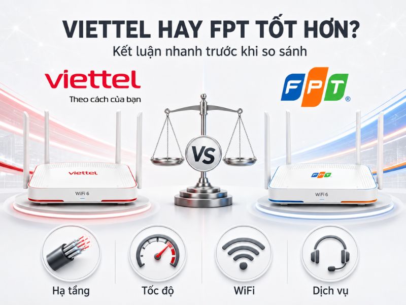 Nên Lắp Internet Viettel Hay FPT? So Sánh Chi Tiết So sánh Internet Viettel và FPT về hạ tầng, tốc độ, WiFi và dịch vụ để xác định nhà mạng phù hợp hơn