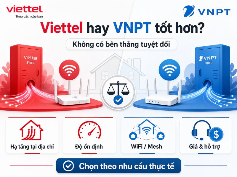 Internet Viettel Hay VNPT: Đâu Là Lựa Chọn Phù Hợp? Infographic kết luận nhanh Viettel hay VNPT tốt hơn dựa trên hạ tầng, độ ổn định, WiFi và giá cước.